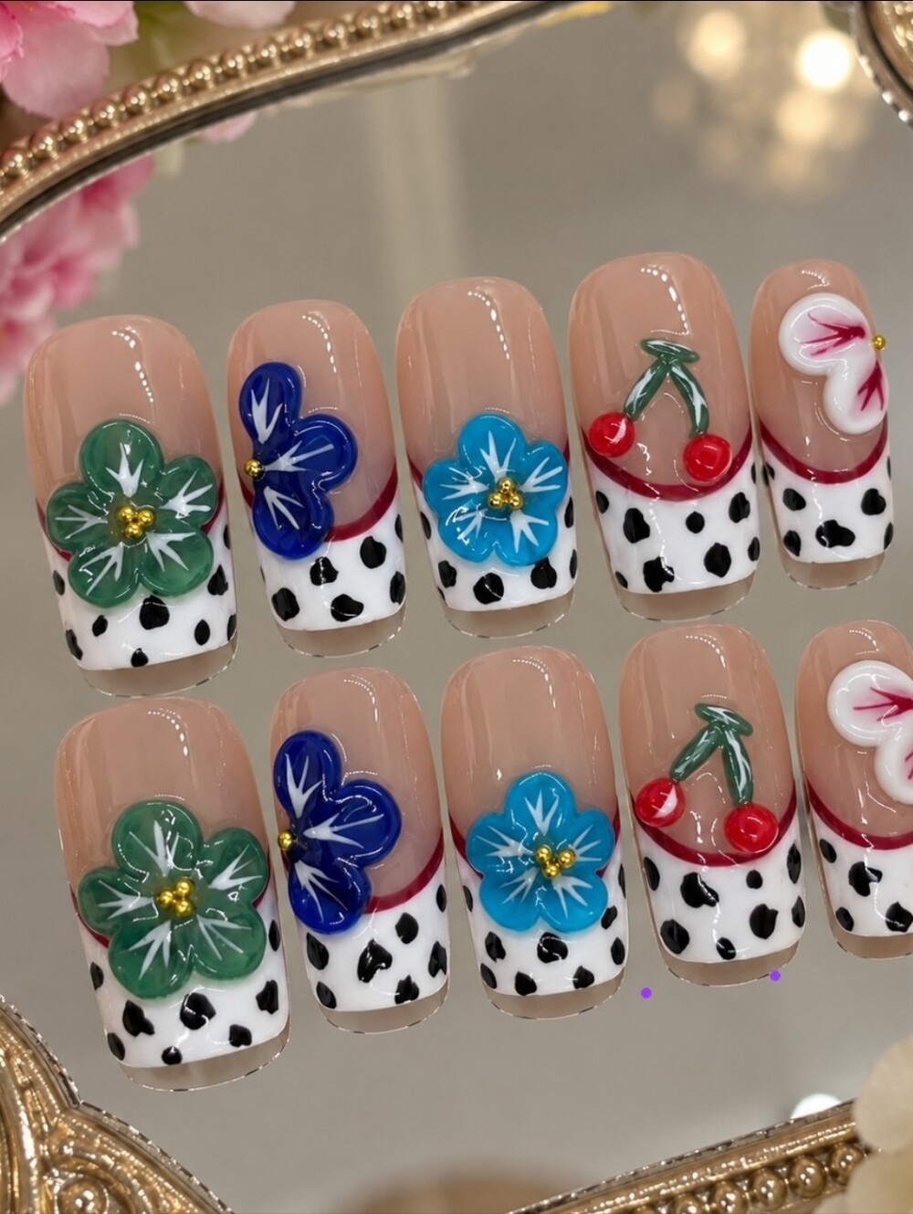 Gel Floral & Cherry Press-On Nail Set in Mid-Length Square